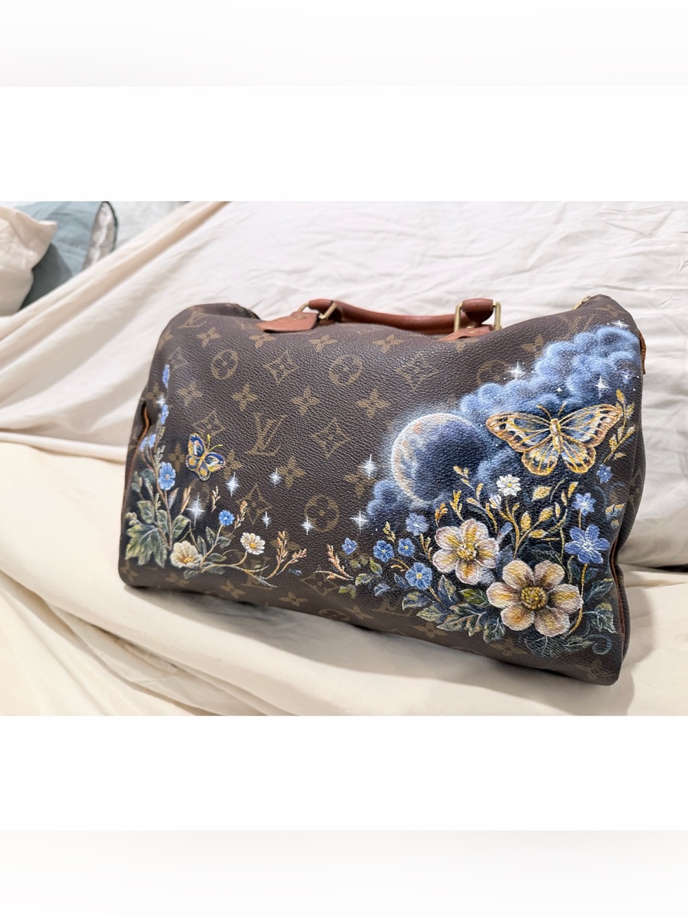 Hand Painted Louis Vuitton Speedy 30 with Celestial Floral Butterfly Moth Motif - Picture 4 of 12
